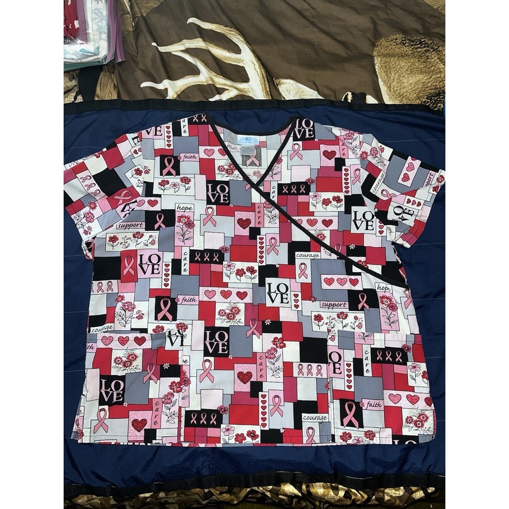 SB Scrubs Women's 2X Medical Scrub Uniform Top Breast Cancer awareness Hearts
